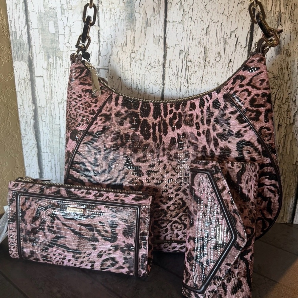 Brahmin Amira Blush Winslet Leopard Shoulder Bag  Daisy and Wallet SET NWT